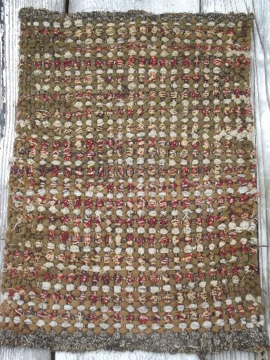 Arts & Crafts era hand woven wool rag rug table mat, vintage 20s - 30s