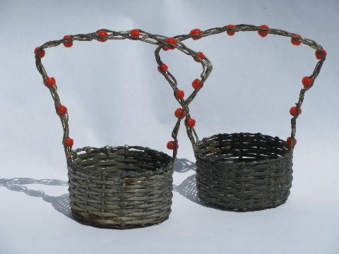 Arts & Crafts vintage handcrafted wirework baskets w/ Indian beads