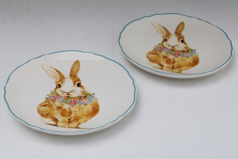 Ashland Easter bunnies pattern dishes, 8 ceramic salad plates w/ pastel borders, bunny rabbits