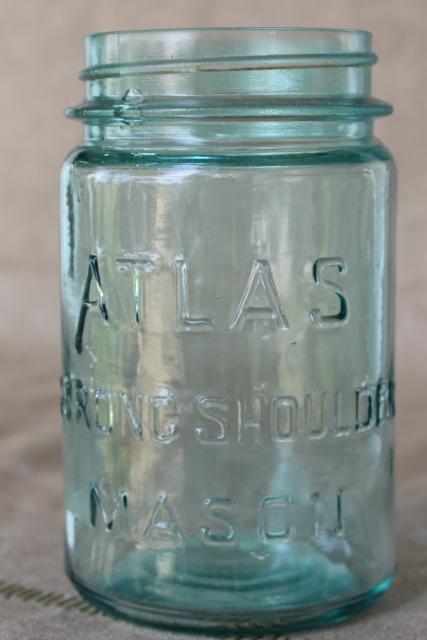 Atlas Strong Shoulder Mason jar, pint size antique aqua blue glass canning jar