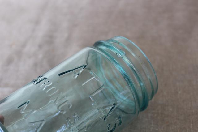 Atlas Strong Shoulder Mason jar, pint size antique aqua blue glass canning jar