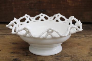Atterbury lace edge milk glass bowl, candy dish w/ crimped ruffle openwork border