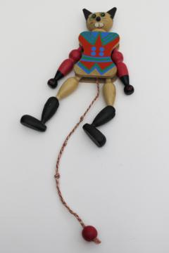 Austria wooden puppet toy, vintage jumping jack, hand painted wood Puss in Boots cat 