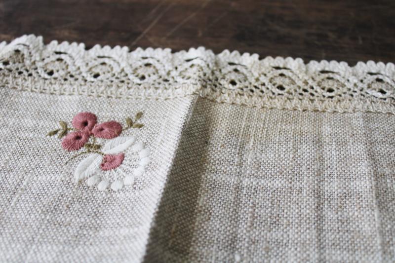 Austrian lace edging embroidered table runner, flax linen w/ rustic homespun texture
