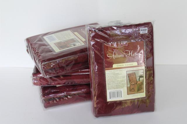 Autumn Harvest burgundy wine brocade fabric chair covers, set of four mint in package