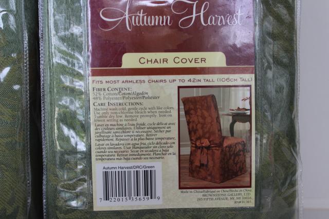 Autumn Harvest green brocade chair covers, round tablecloth & napkins never used