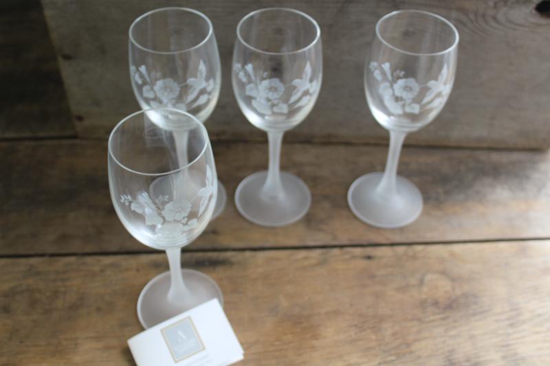 Avon Hummingbird etched crystal wine glasses w/ frosted stems, made in France 80s 90s vintage