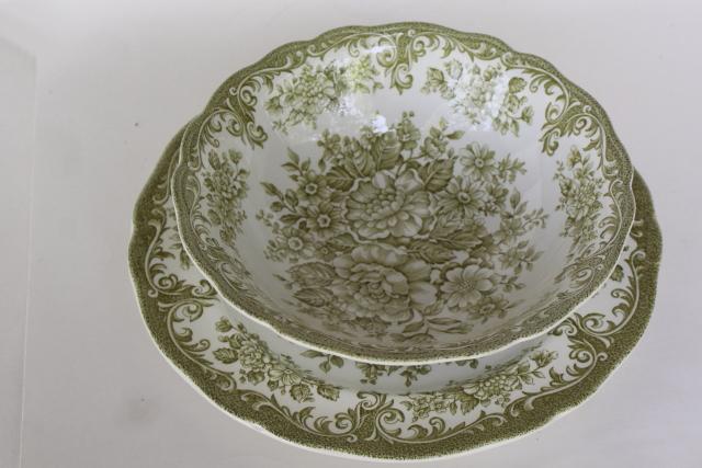 Avondale green transferware china vintage serving bowl & plate, J & G Meakin England