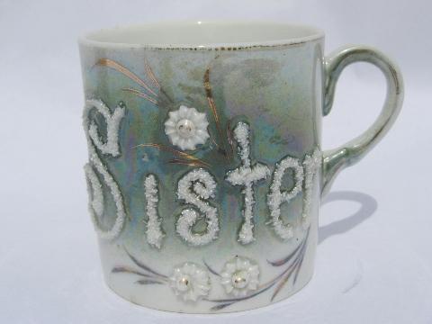 Baby Sister, shabby antique Germany motto china cups for flowers etc.