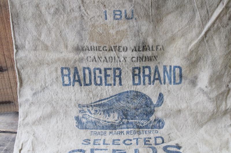 Badger Brand Seeds vintage heavy cotton grain sack w/ old advertising graphics print