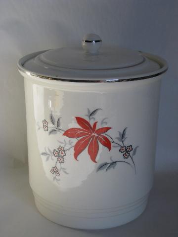 Bakerite pottery kitchen ware, vintage red/grey leaf pattern Harker cookie jar