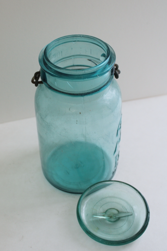 Ball Mason jar w/ 1908 patent date, antique aqua blue glass canning jar w/ lightning lid 