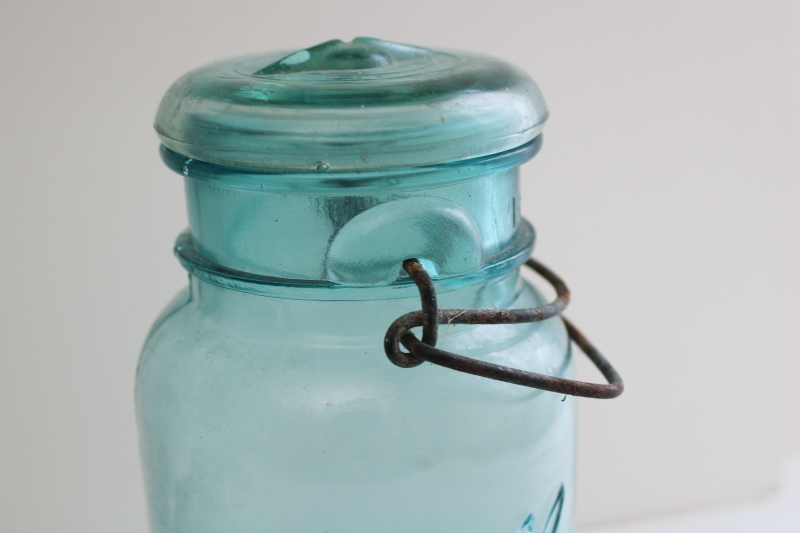 Ball Mason jar w/ 1908 patent date, antique aqua blue glass canning jar w/ lightning lid 