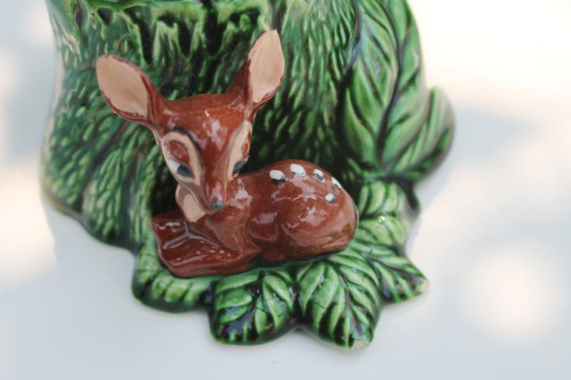 Bambi deer w/ tree stump plant pot, vintage pottery planter hand painted ceramic
