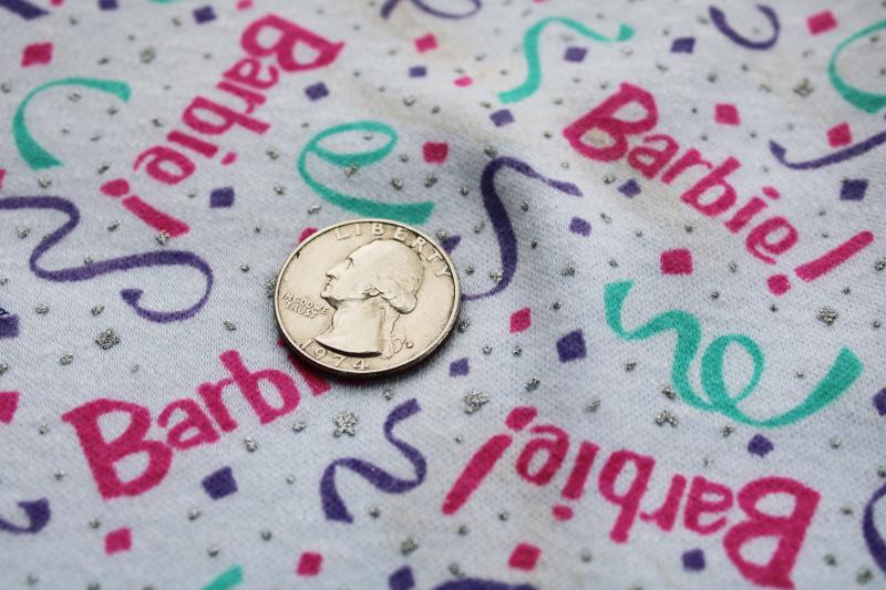 Barbie print cotton blend knit fabric, retro 90s vintage silver glitter confetti