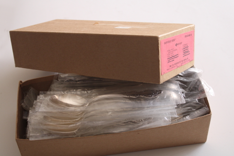 Baroque Rose vintage Oneida 1881 Rogers silver plate flatware set for 8 mint in box