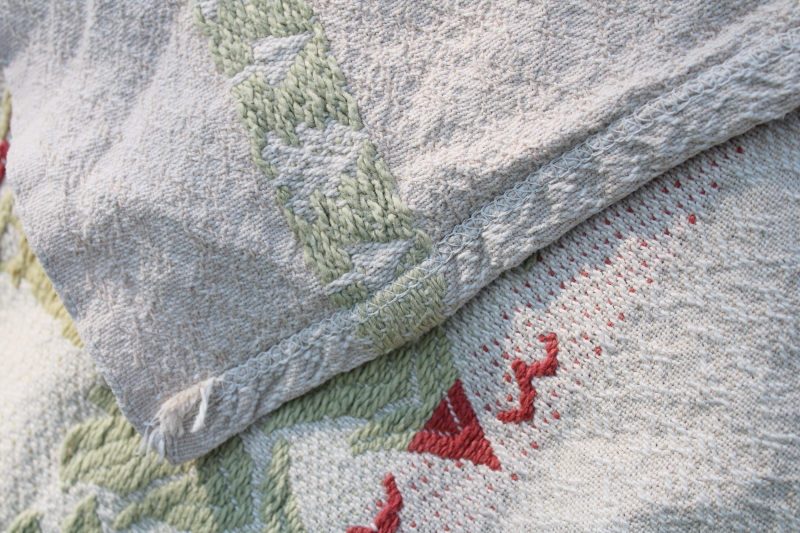 Bates style vintage cotton jacquard bedspread, bringing home Christmas tree village scene woven pattern