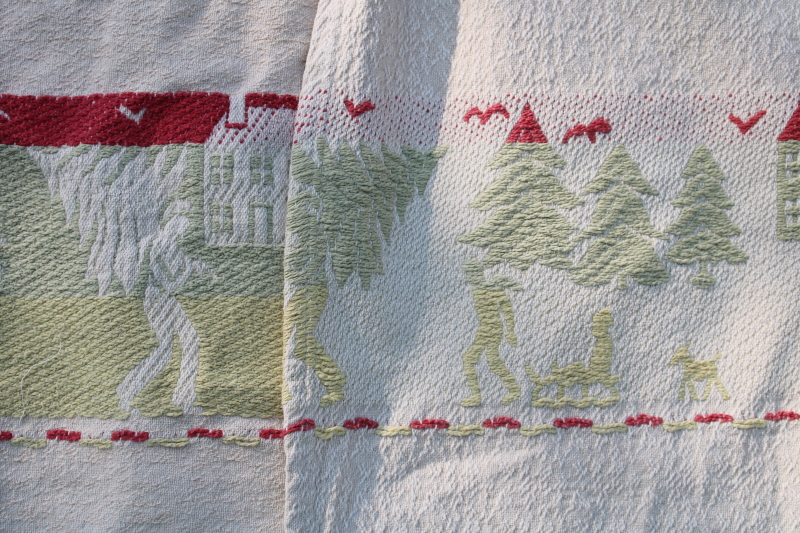 Bates style vintage cotton jacquard bedspread, bringing home Christmas tree village scene woven pattern