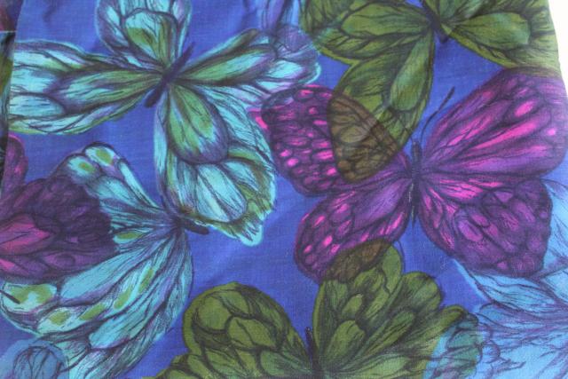 Bates vintage cotton sateen fabric, butterfly print in green purple indigo blue
