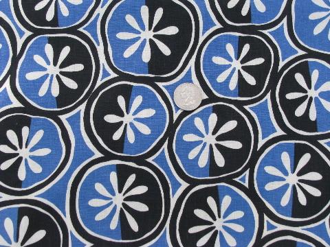 Batik style 50s cotton print fabric, blue and black