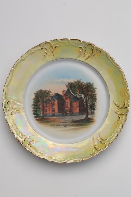 Belvidere Illinois antique china souvenir plate, old high school architectural landmark