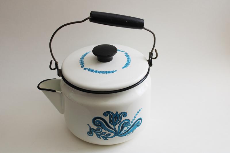Berggren enamelware tea kettle, vintage Scandinavian design blue tulip rosemaling 