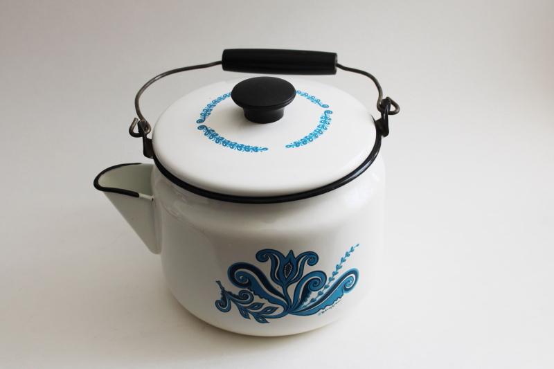 Berggren enamelware tea kettle, vintage Scandinavian design blue tulip rosemaling 