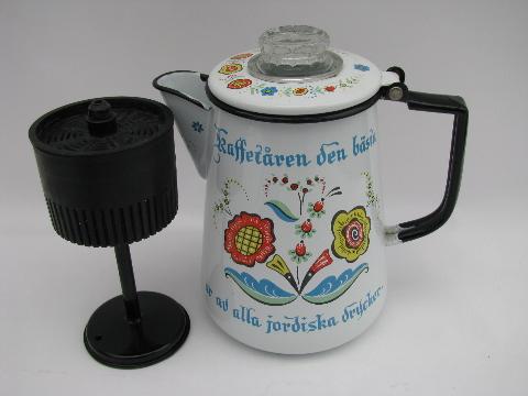 Berggren rosemaled Swedish Rooster vintage enamel coffee percolator