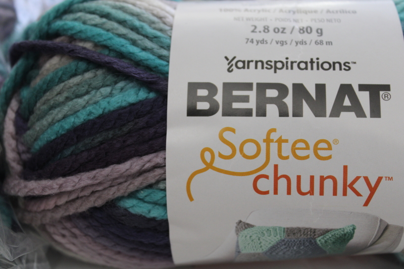 Bernat Softee Chunky acrylic yarn Shadow ombre cool teal green lavender purple grey