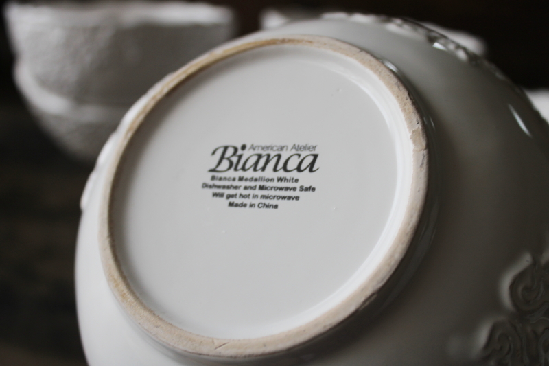 Bianca white medallion textured ceramic bowls set of 8, American Atelier dinnerware
