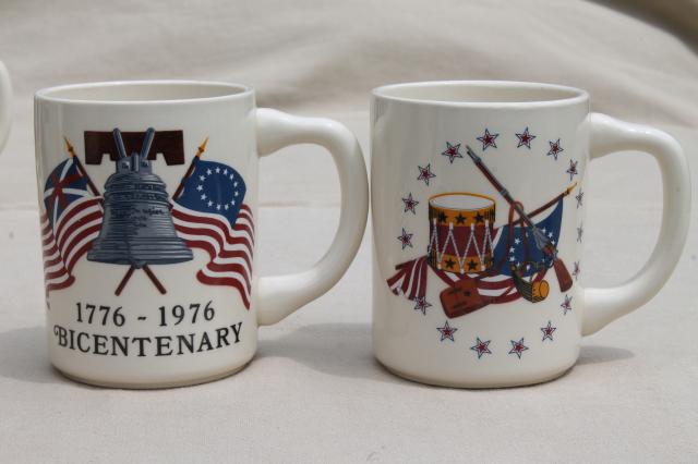 Bicentennial vintage USA patriotic mugs, ceramic coffee cups w/ American flags & emblems