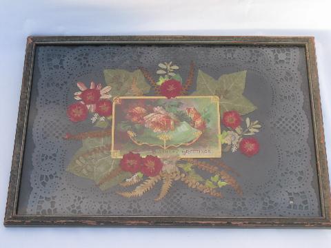 Birthday Greetings, framed antique postcard set on paper lace & pressed flowers