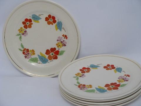 Blossomtime vintage USA china, orange flowers bright leaves, 6 plates