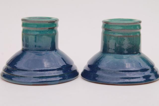 Blue Hill Maine Rackliffe Rowantree pottery pair low candle sticks, blue ombre color glaze