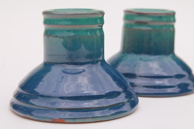 Blue Hill Maine Rackliffe Rowantree pottery pair low candle sticks, blue ombre color glaze