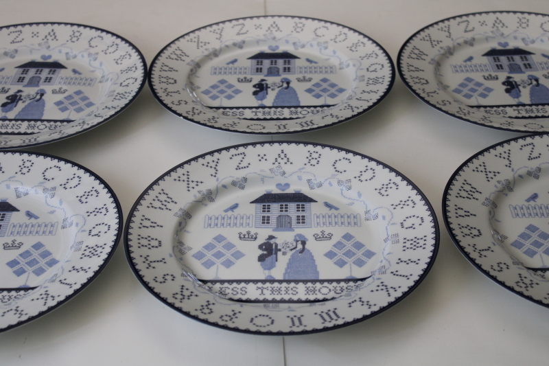 Blue Sampler pattern dinner plates, rare 1990s vintage Just Cross Stitch china made in Japan