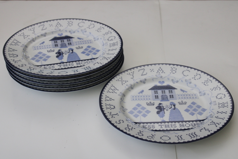 Blue Sampler pattern dinner plates, rare 1990s vintage Just Cross Stitch china made in Japan