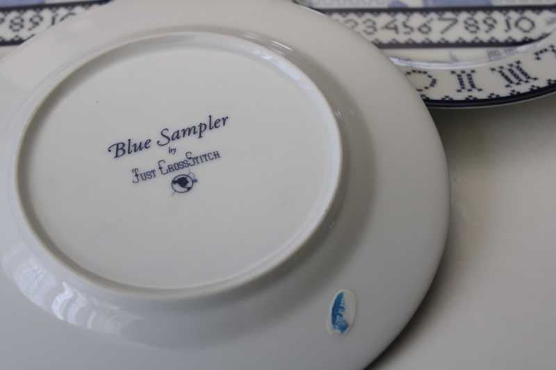 Blue Sampler pattern plates set of 8, rare 1990s vintage Just Cross Stitch china made in Japan