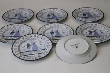Blue Sampler pattern plates set of 8, rare 1990s vintage Just Cross Stitch china made in Japan