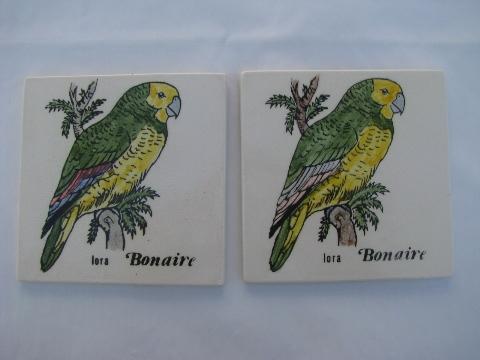 Bonaire ceramic tile pictures, caribbean tropical island parrots, retro beach