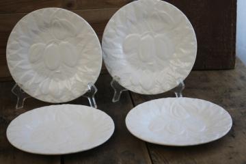 Bordallo Pinheiro all white pottery plates majolica fruit pattern, plums salad plates