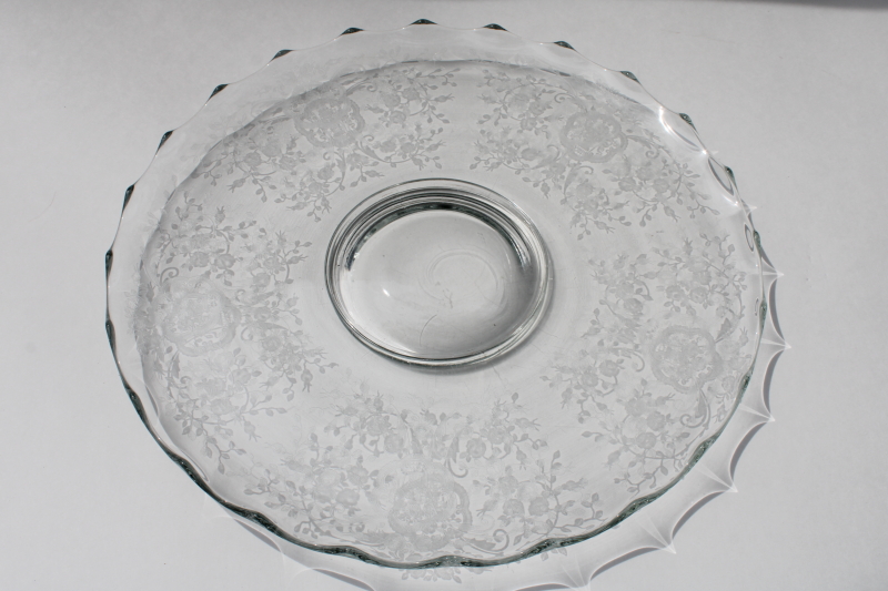 Bridal Bouquet etched glass wedding cake plate, mid-century vintage elegant glass