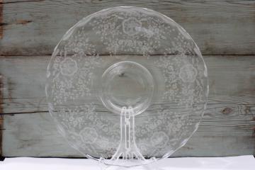 Bridal Bouquet etched glass wedding cake plate, mid-century vintage elegant glass