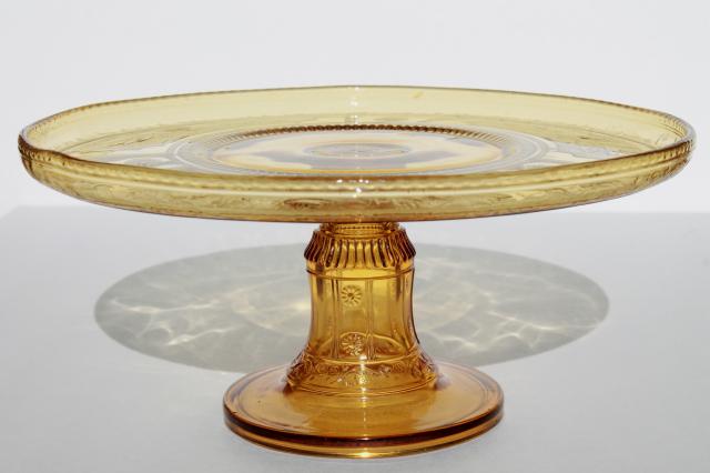 Bryce Willow Oak paneled daisy pattern amber glass cake stand, vintage EAPG