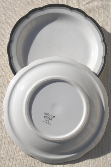 Buffalo china vintage railroad / restaurant ware plates, white ironstone w/ art deco black & grey