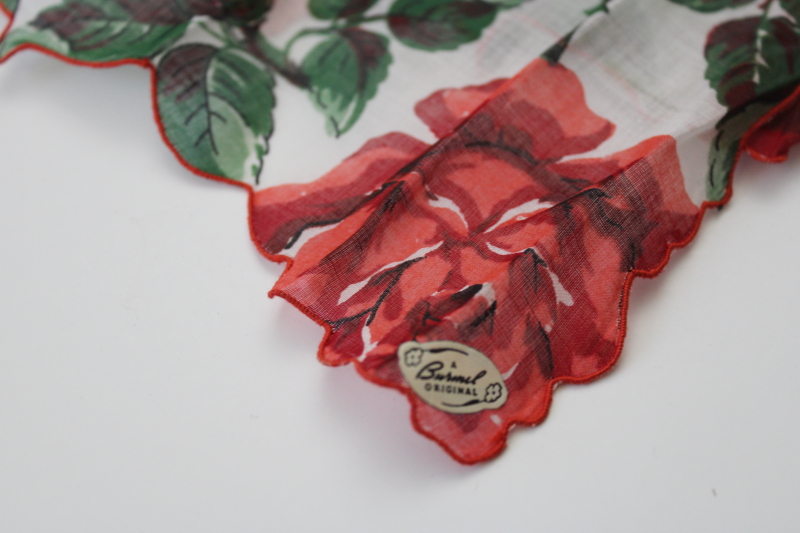 Burmel label vintage Valentines day cotton hanky w/ long stemmed red roses print