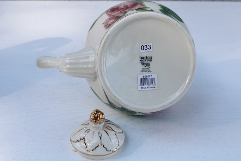 Burton & Burton china Romantic Rose teapot, Victorian style tea kettle shape cottage core