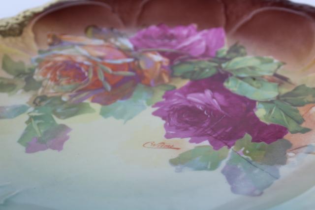 C Wilms painted roses antique vintage china charger plate or large round tray