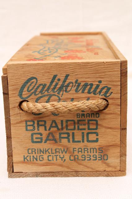 California Roses garlic box, vintage wood packing box fruit crate w/ rope handles