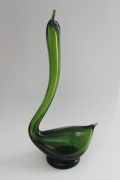 California art glass swan, MCM vintage bottle green glass large long necked bird